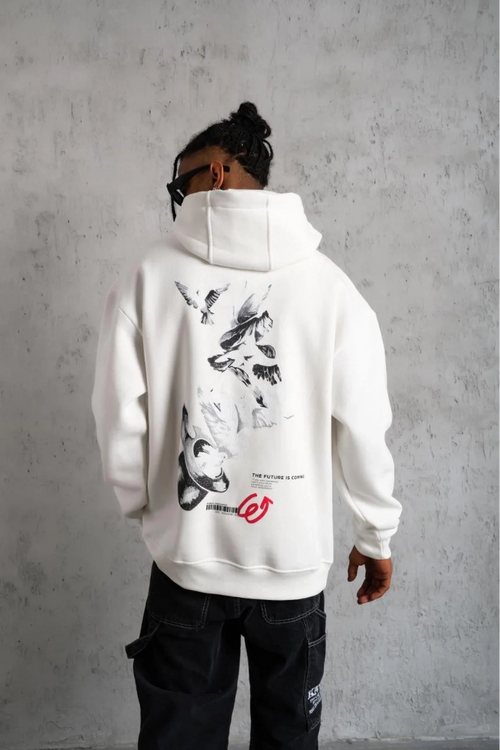 Adventure Unlimited Oversize Hoodie – Beyaz