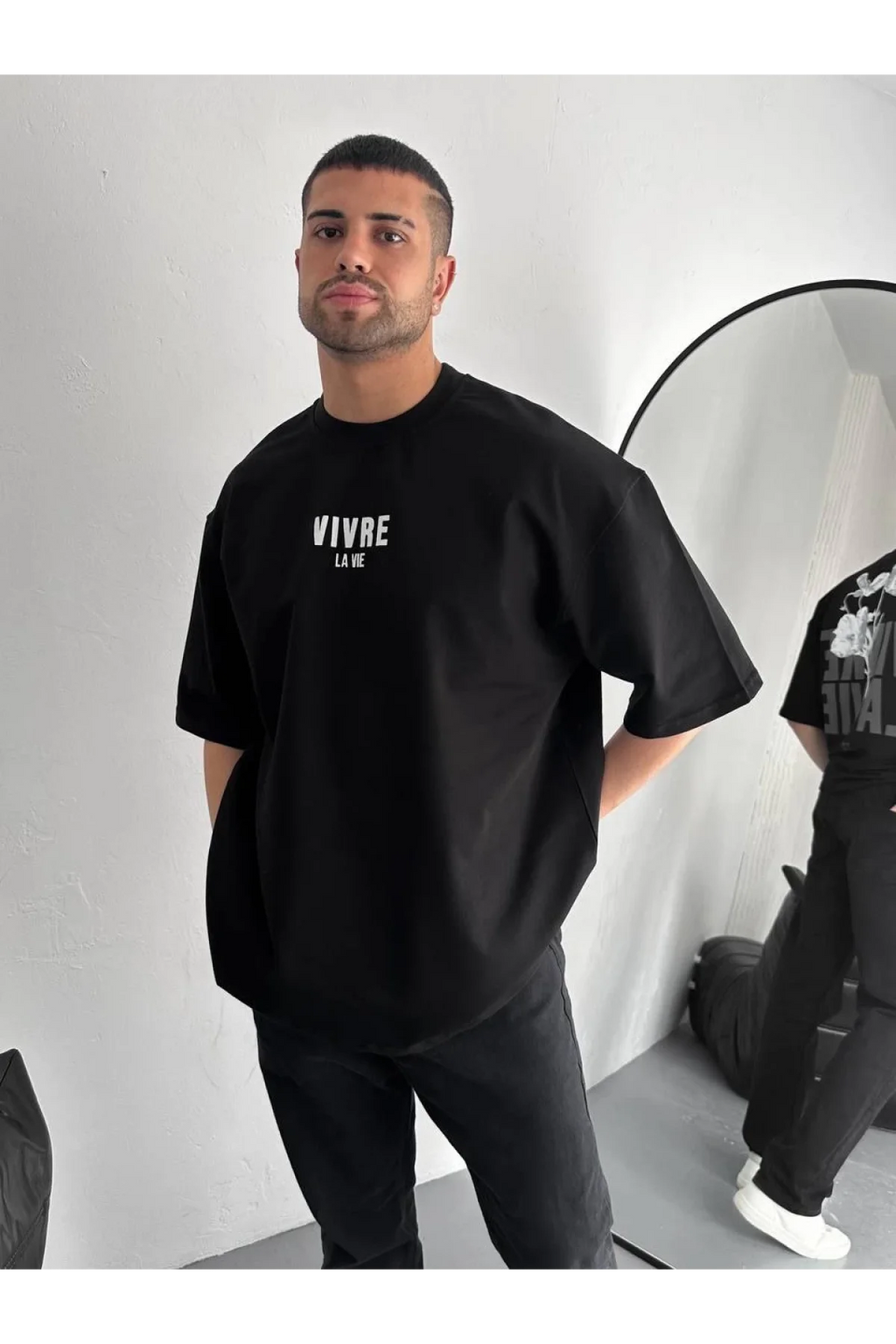 Baskılı Oversize Bisiklet Yaka T-shirt - Siyah