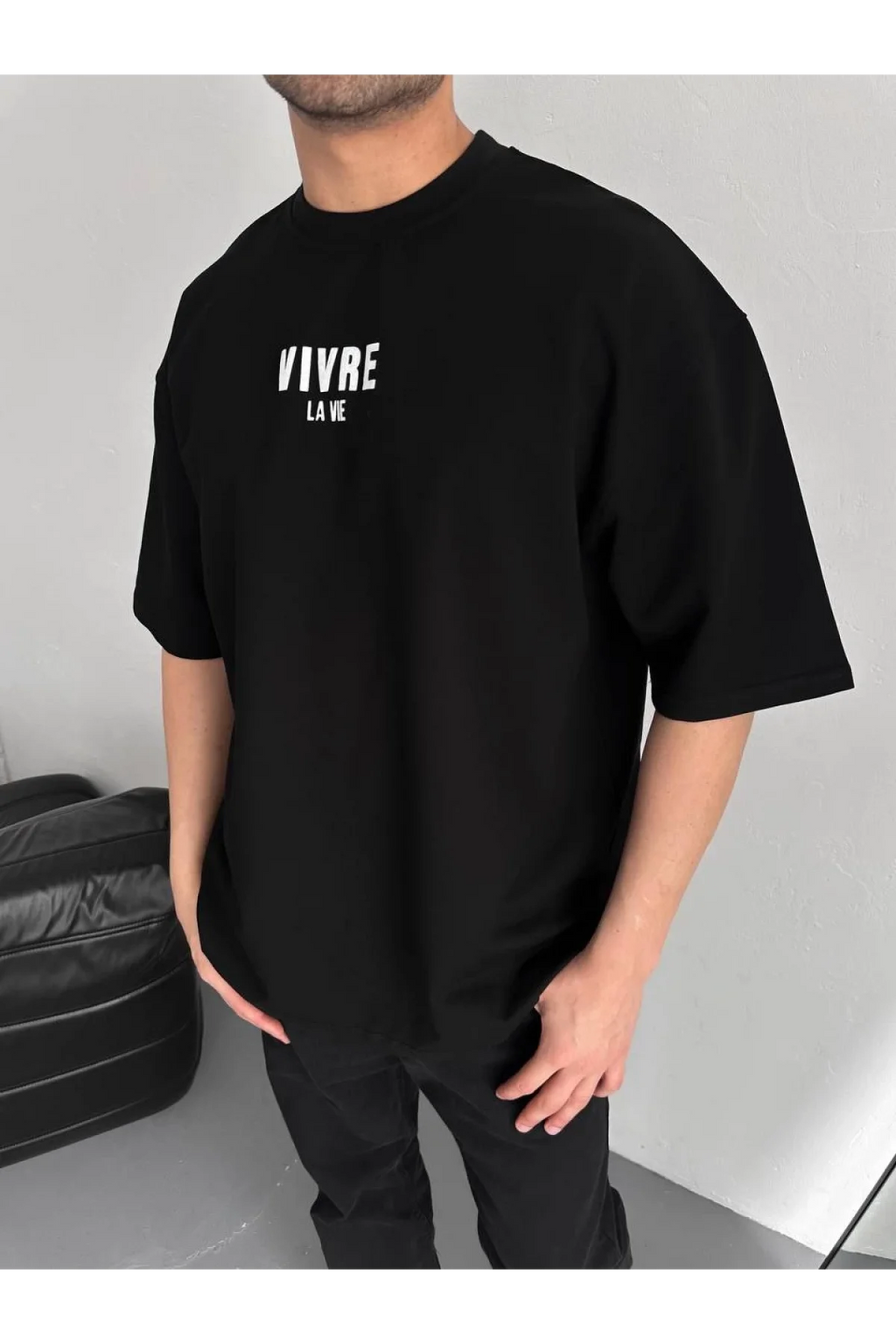 Baskılı Oversize Bisiklet Yaka T-shirt - Siyah