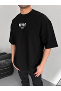 Baskılı Oversize Bisiklet Yaka T-shirt - Siyah
