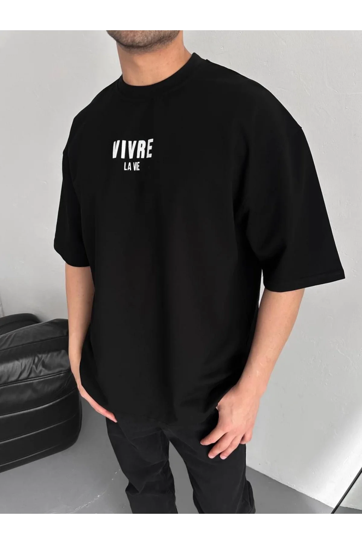 Baskılı Oversize Bisiklet Yaka T-shirt - Siyah