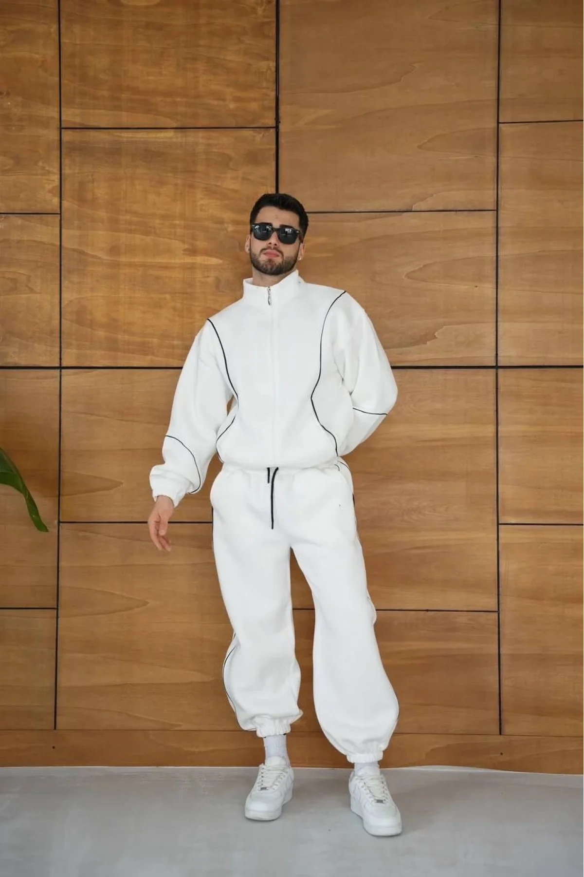Erkek Beyaz Fermuarlı Eşofman Takımı