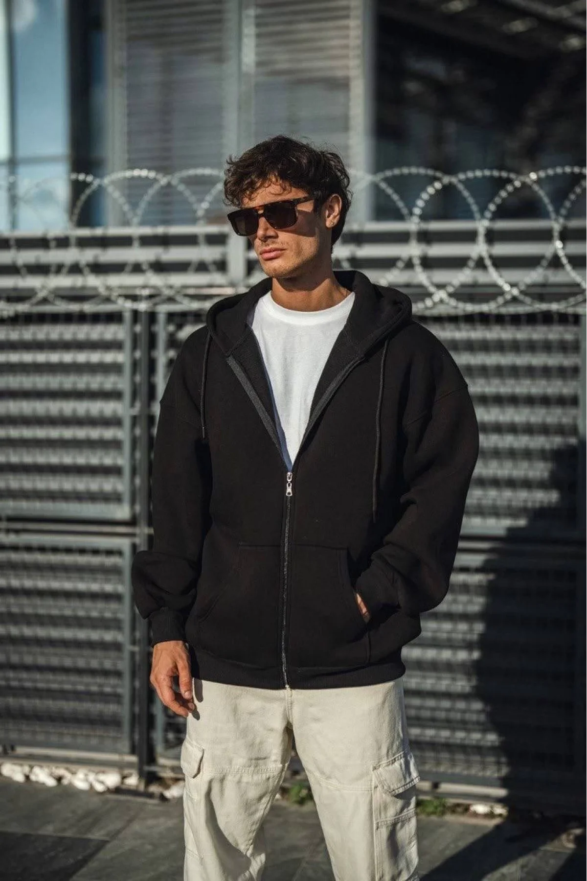 Oversize Tam Fermuarlı Uzun Kol Hırka - Beyaz