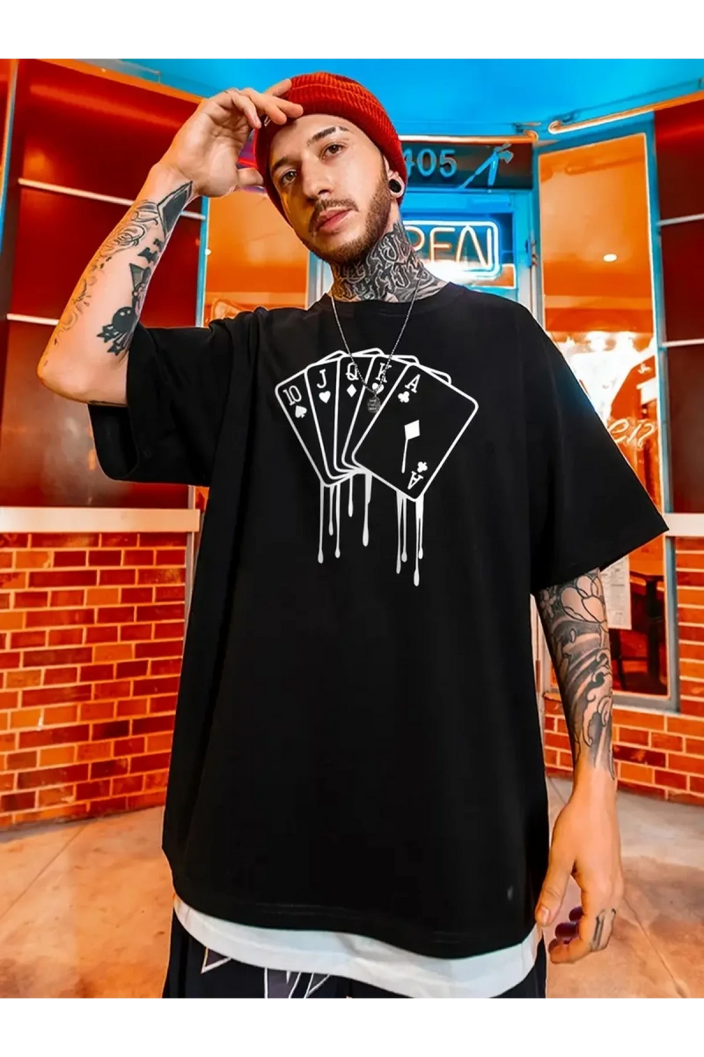 Poker Kartı Baskılı Oversize Siyah T-Shirt