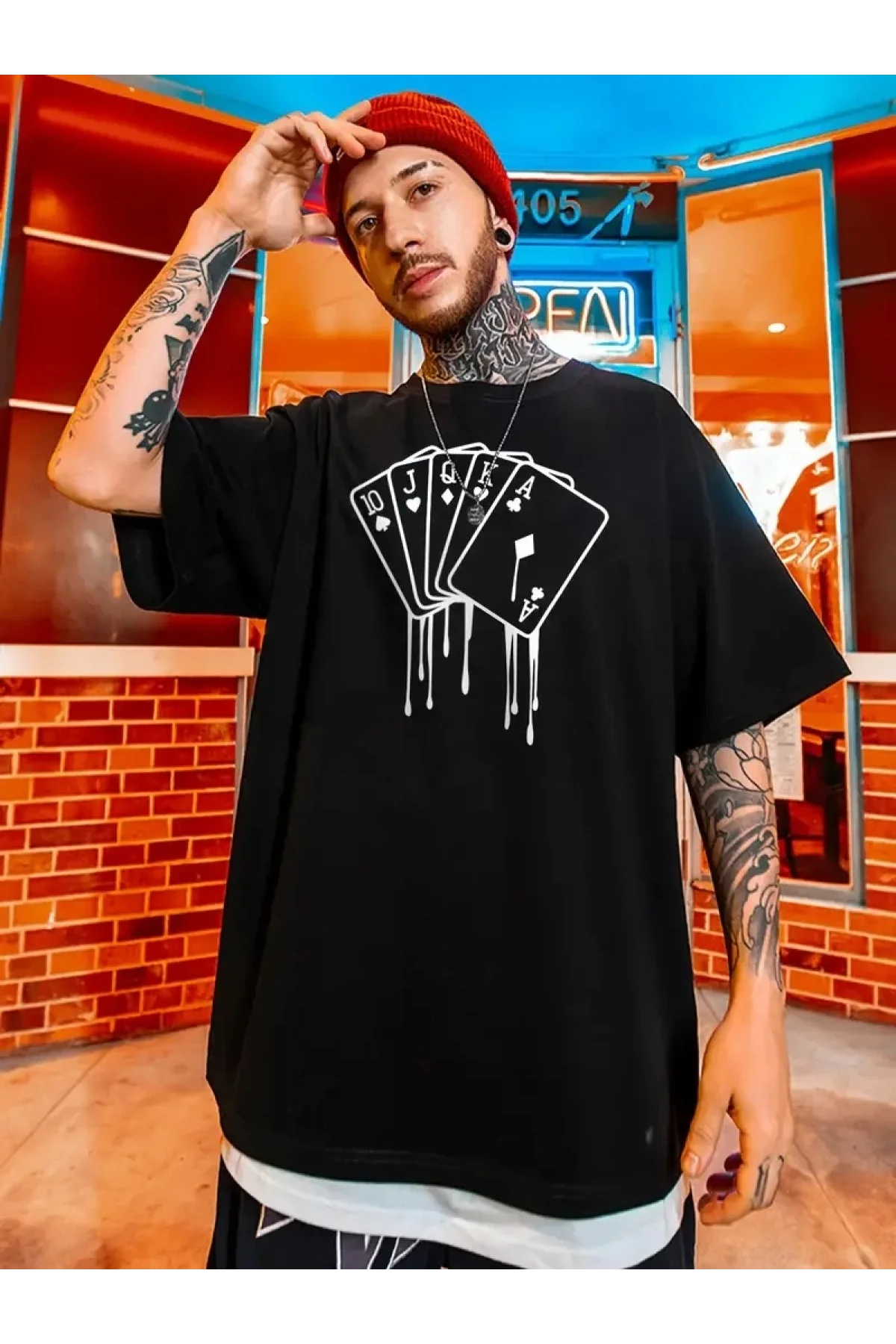 Poker Kartı Baskılı Oversize Siyah T-Shirt