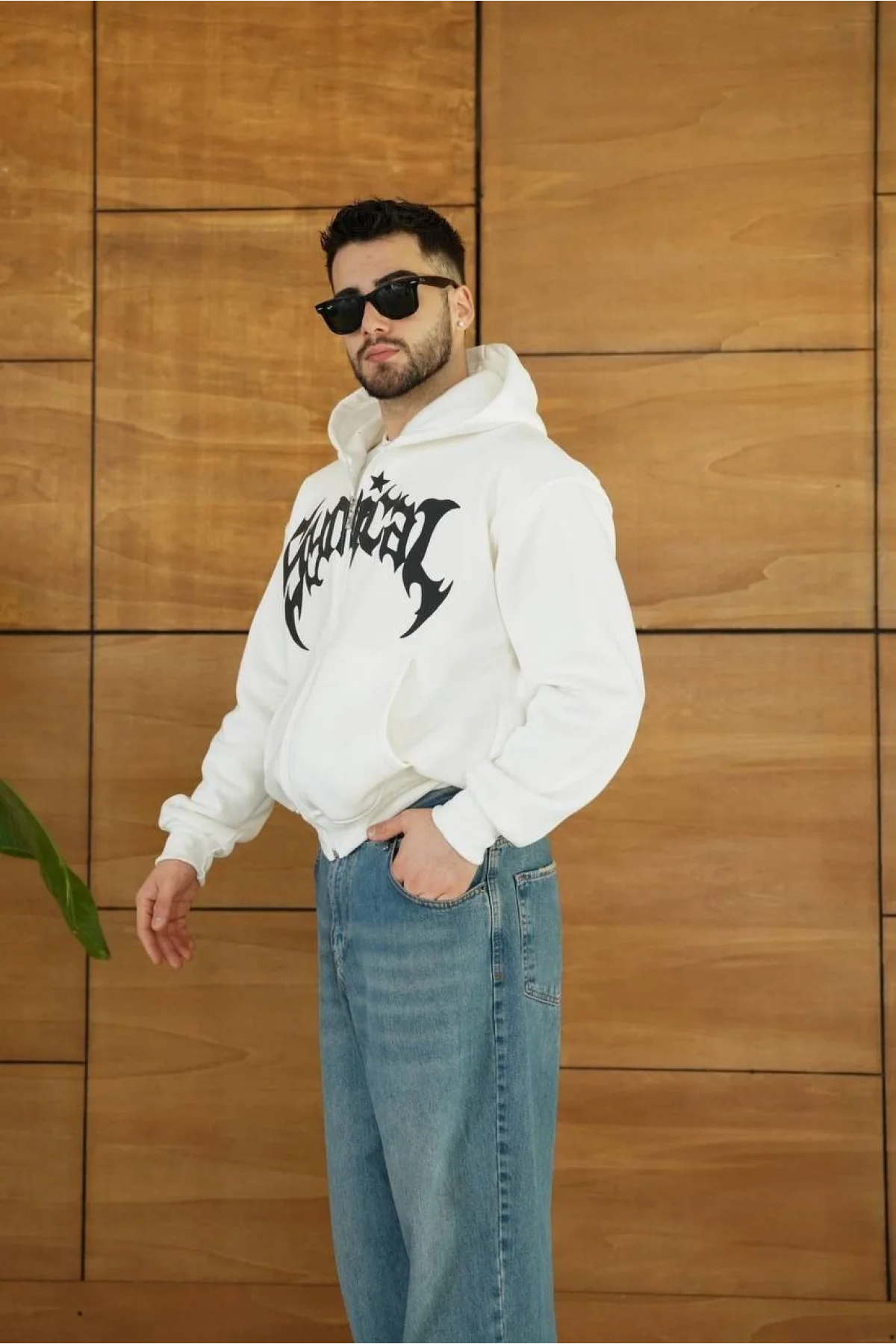 Cantreal Baskılı Fermuarlı Kapüşonlu Beyaz Hoodie