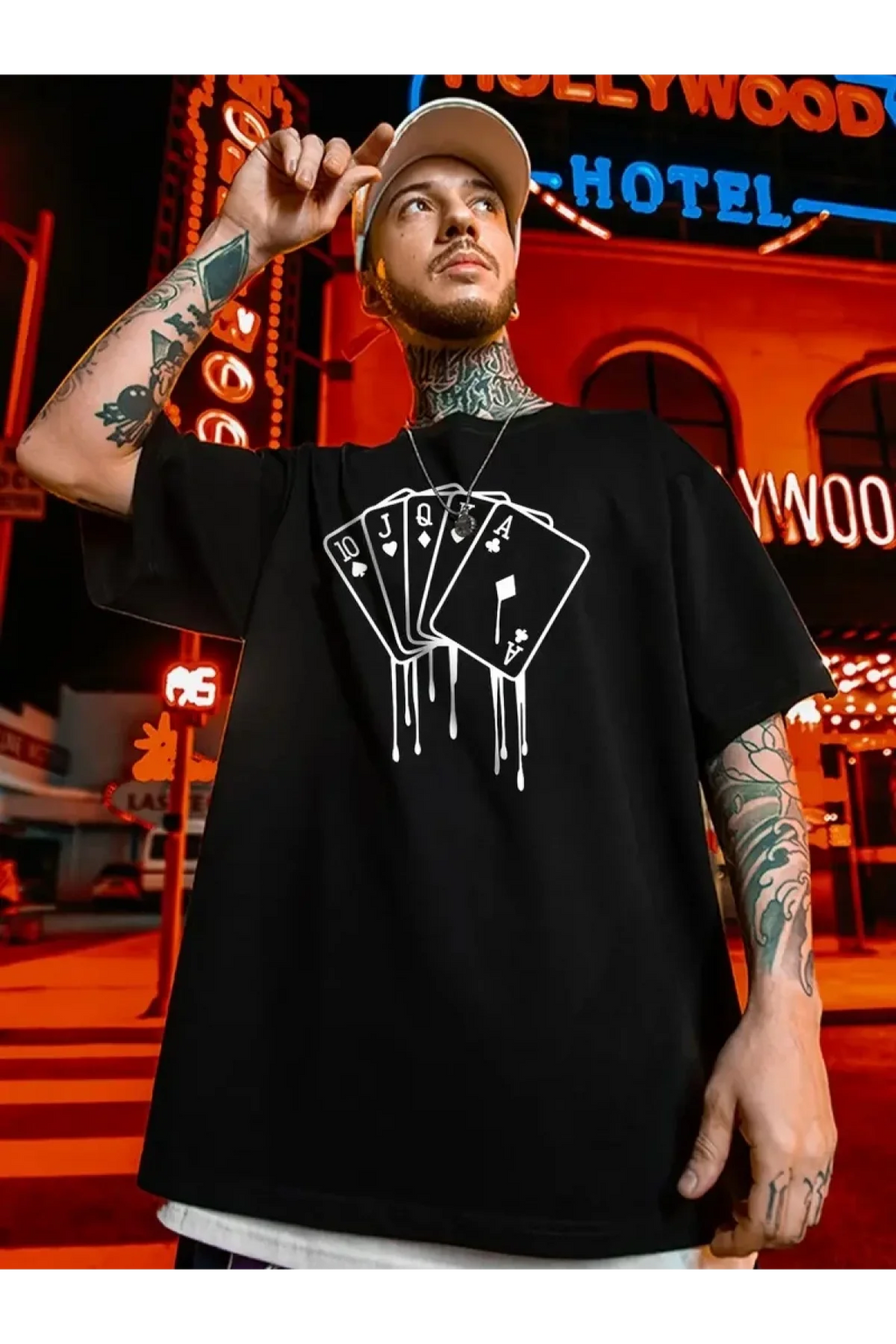 Poker Kartı Baskılı Oversize Siyah T-Shirt