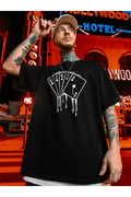 Poker Kartı Baskılı Oversize Siyah T-Shirt