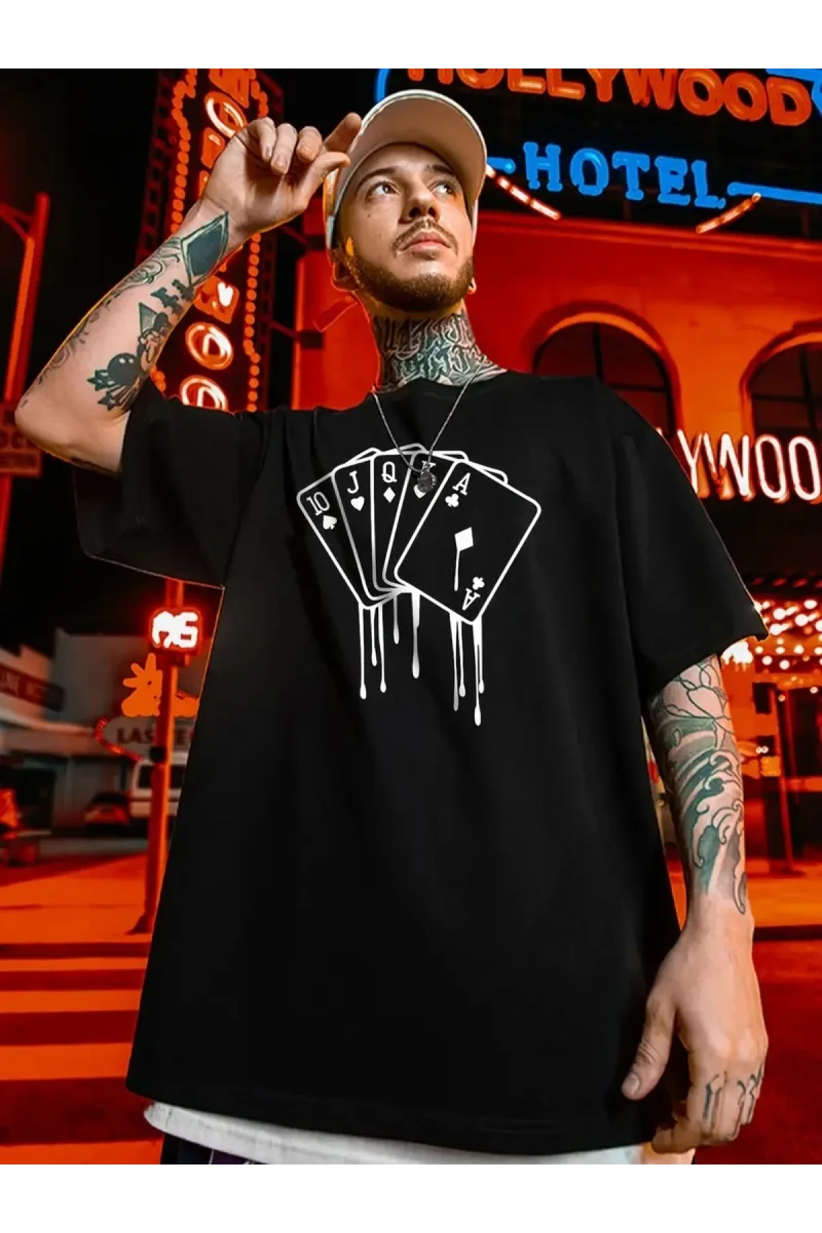 Poker Kartı Baskılı Oversize Siyah T-Shirt