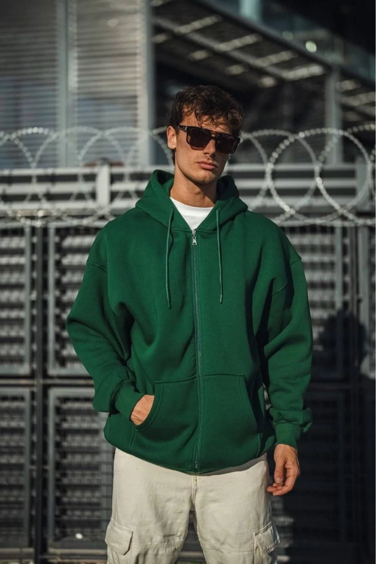 Oversize Tam Fermuarlı Uzun Kol Hırka - Beyaz