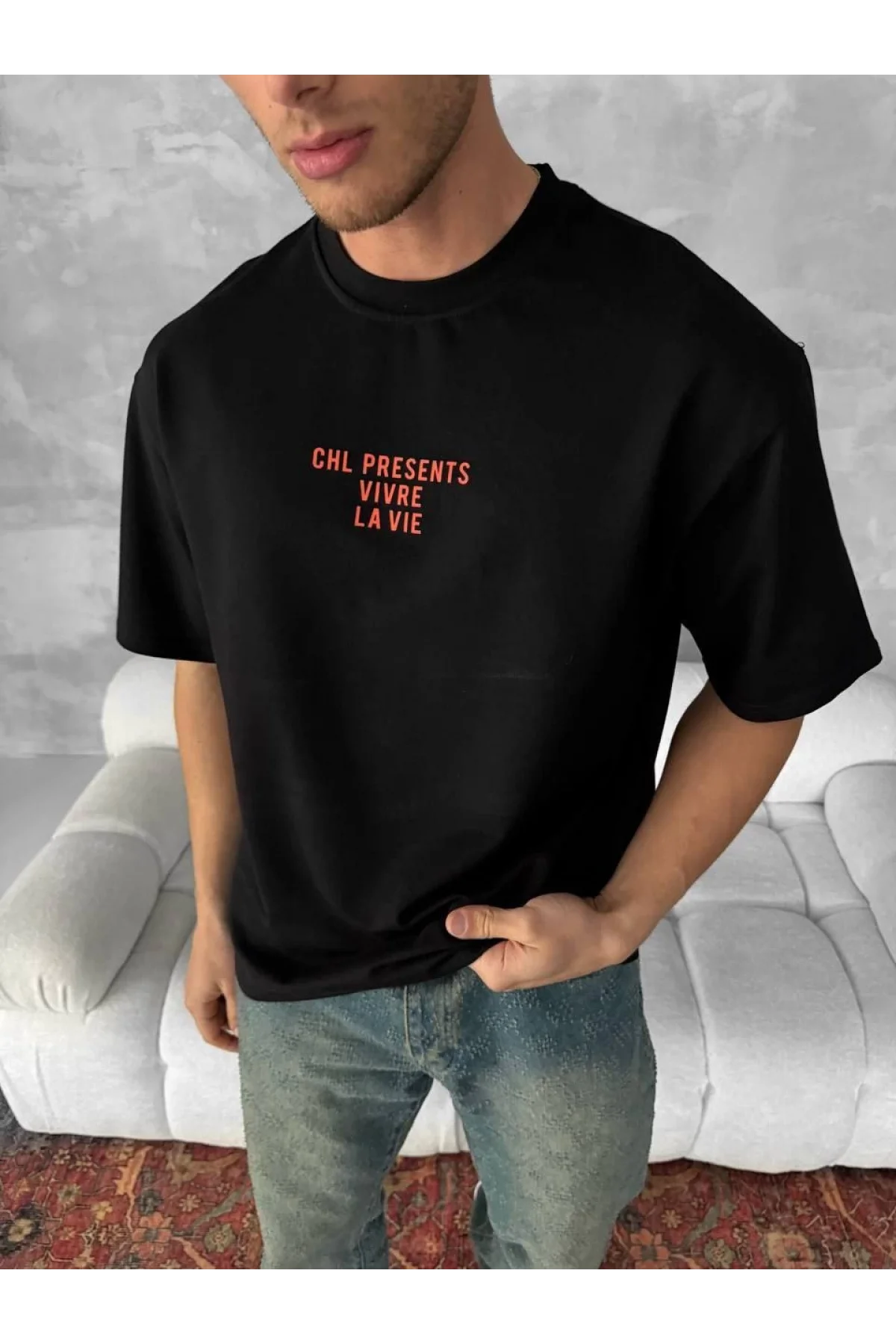 Ön ve Arka Baskılı Oversize Bisiklet Yaka T-shirt- Beyaz