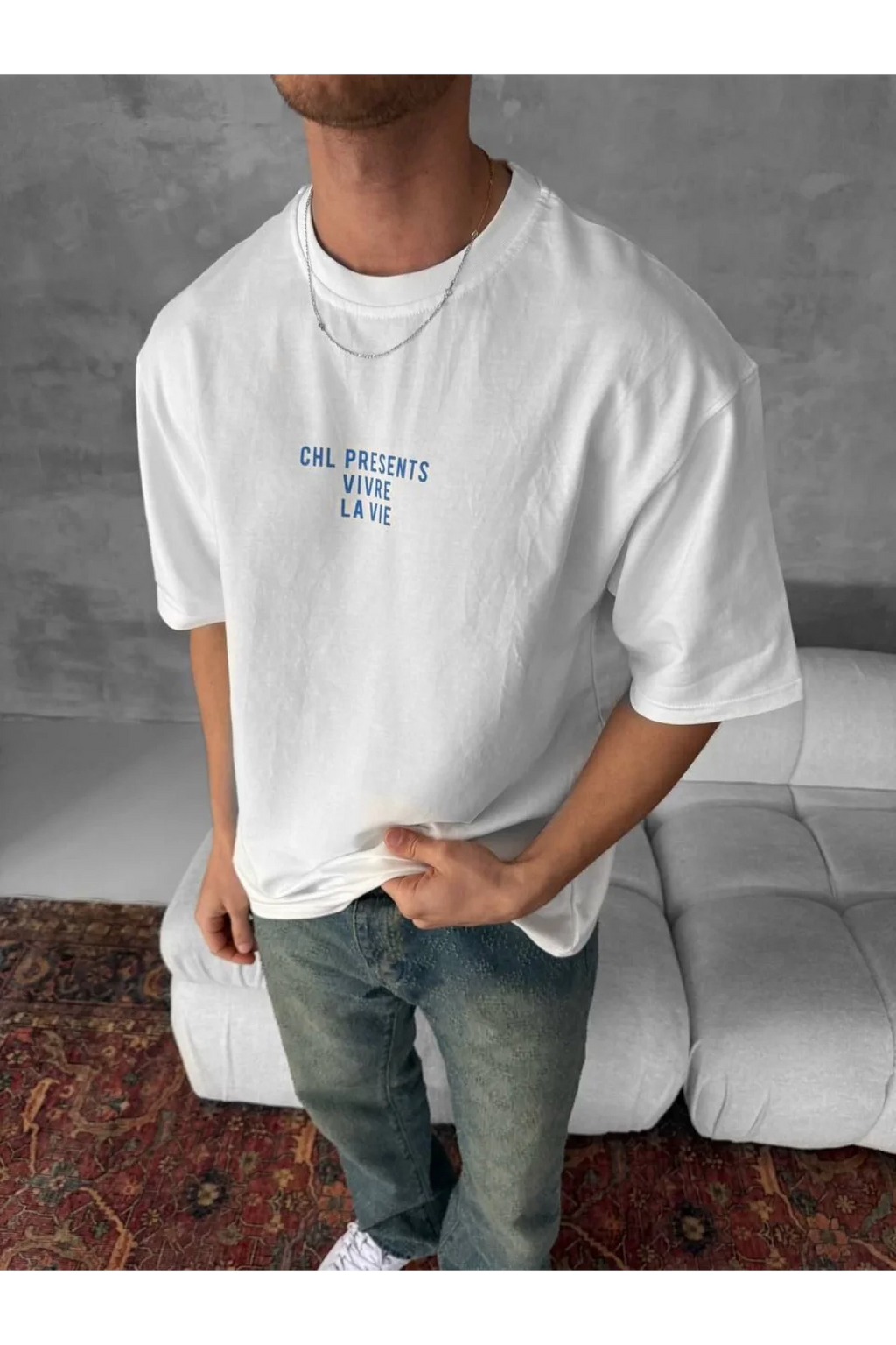 Ön ve Arka Baskılı Oversize Bisiklet Yaka T-shirt- Beyaz