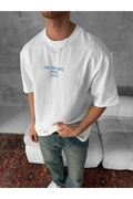 Ön ve Arka Baskılı Oversize Bisiklet Yaka T-shirt- Beyaz