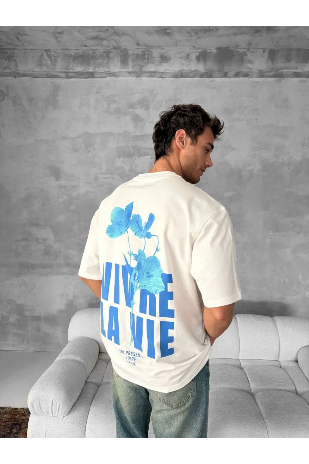 Ön ve Arka Baskılı Oversize Bisiklet Yaka T-shirt- Beyaz