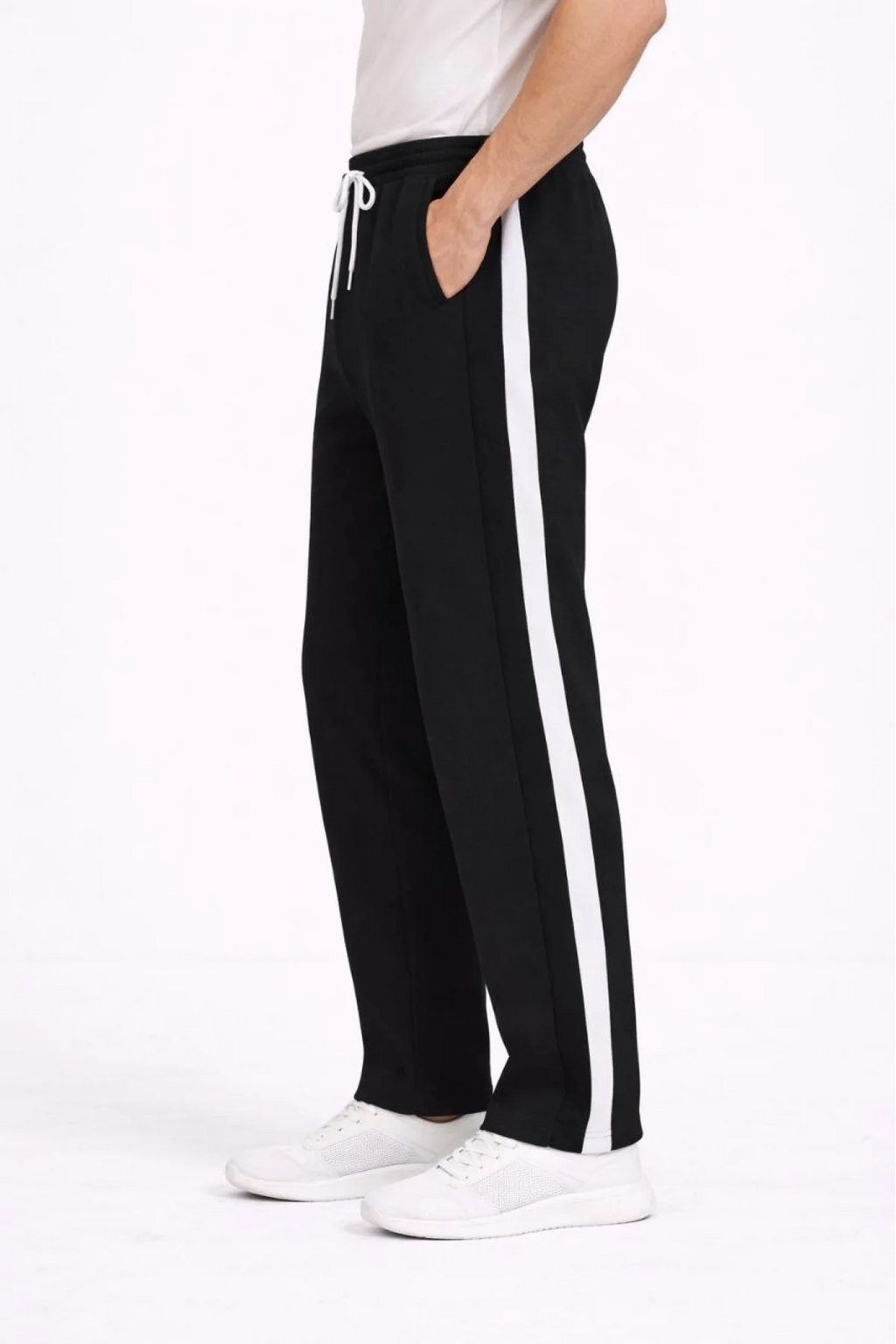 Erkek Siyah Yan Şeritli Bağcıklı Eşofman Alt