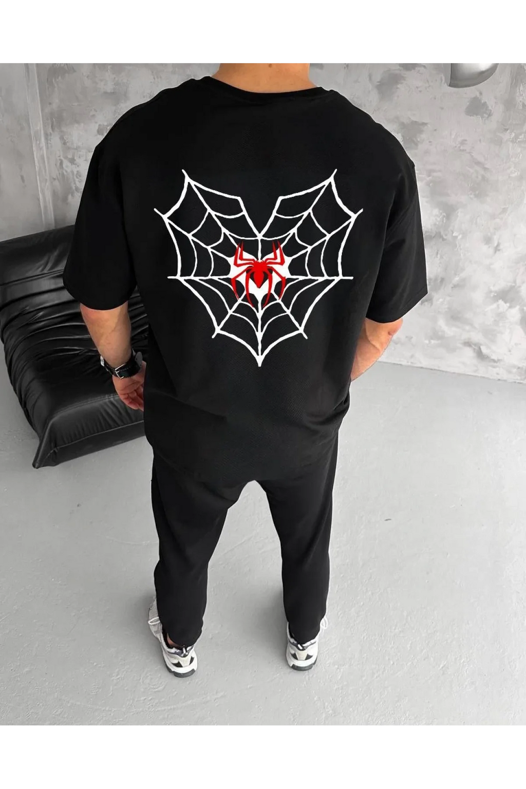 Unisex Bisiklet Yaka Baskılı Oversize T-Shirt - Siyah