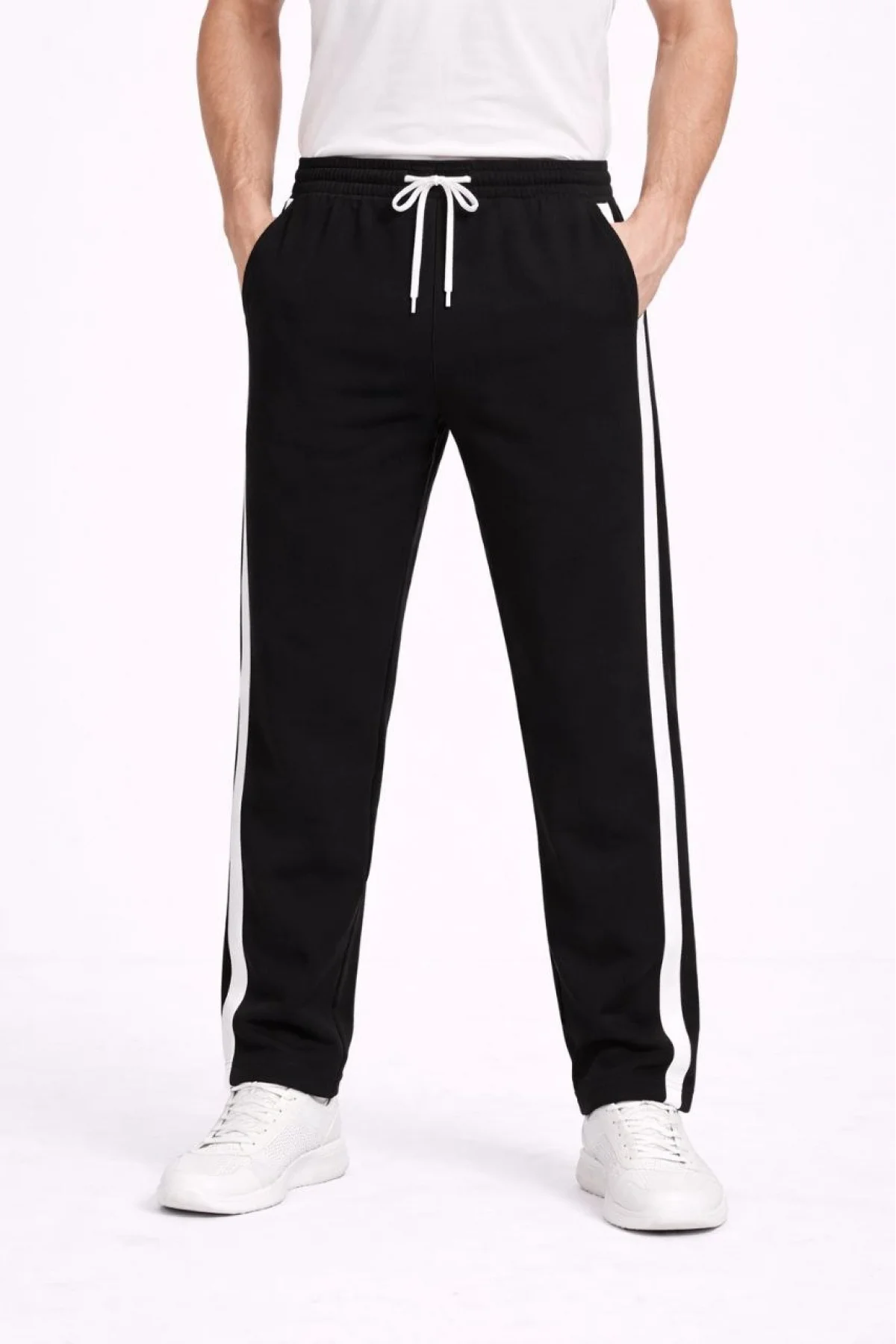 Erkek Siyah Yan Şeritli Bağcıklı Eşofman Alt