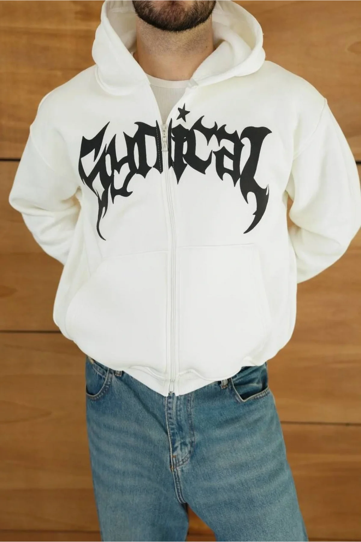 Cantreal Baskılı Fermuarlı Kapüşonlu Beyaz Hoodie