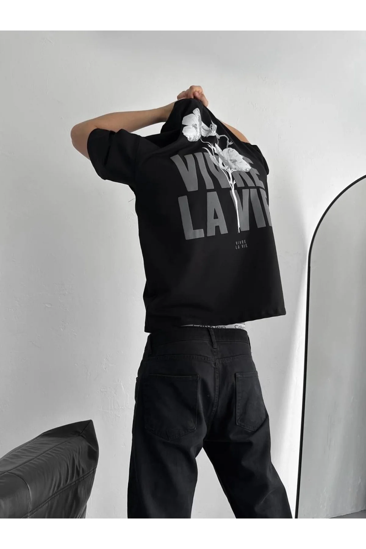 Baskılı Oversize Bisiklet Yaka T-shirt - Siyah