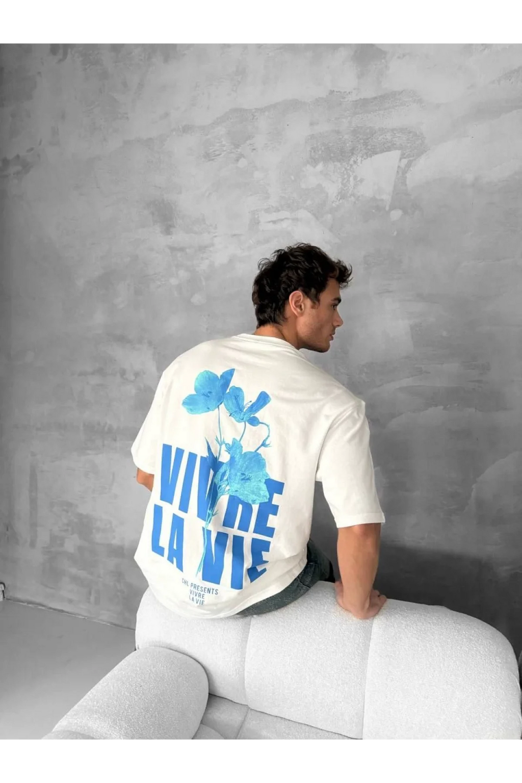 Ön ve Arka Baskılı Oversize Bisiklet Yaka T-shirt- Beyaz