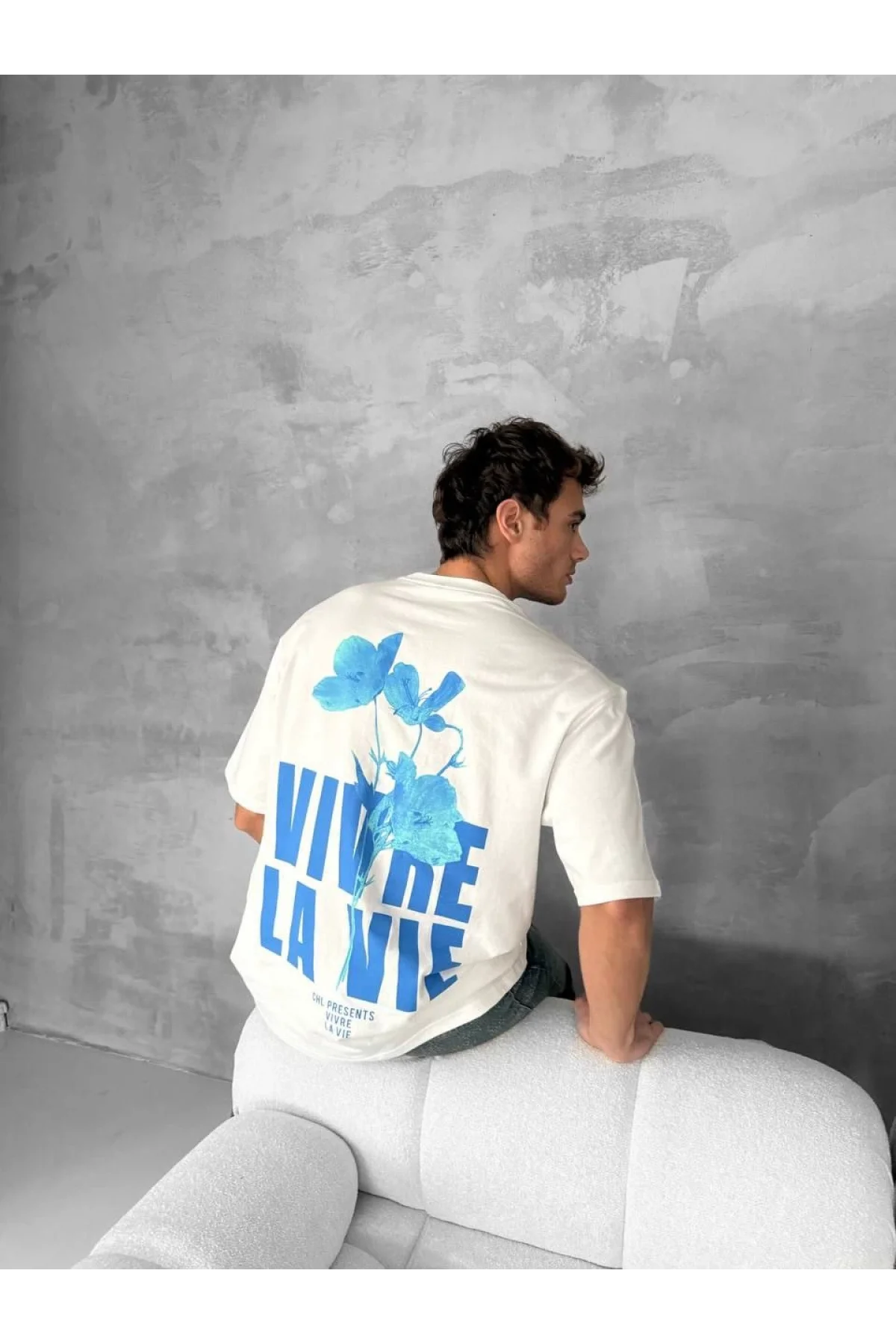 Ön ve Arka Baskılı Oversize Bisiklet Yaka T-shirt- Beyaz