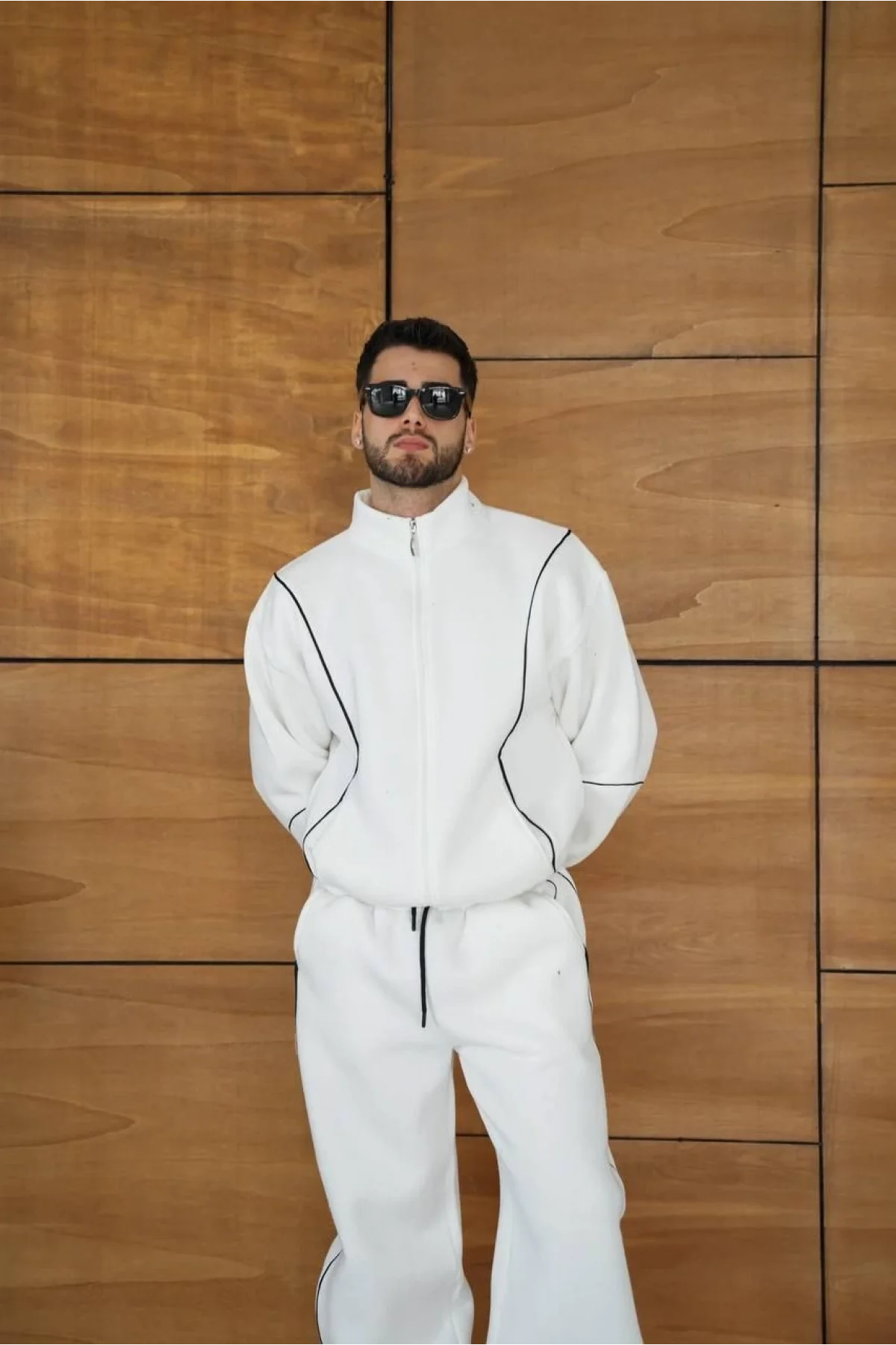 Erkek Beyaz Fermuarlı Eşofman Takımı