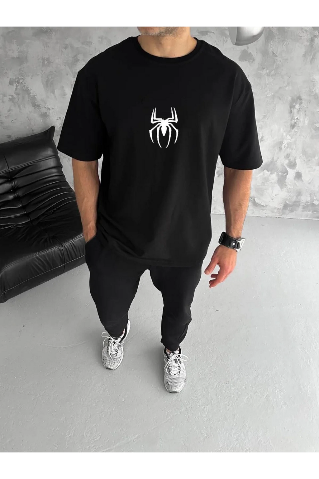 Unisex Bisiklet Yaka Baskılı Oversize T-Shirt - Siyah