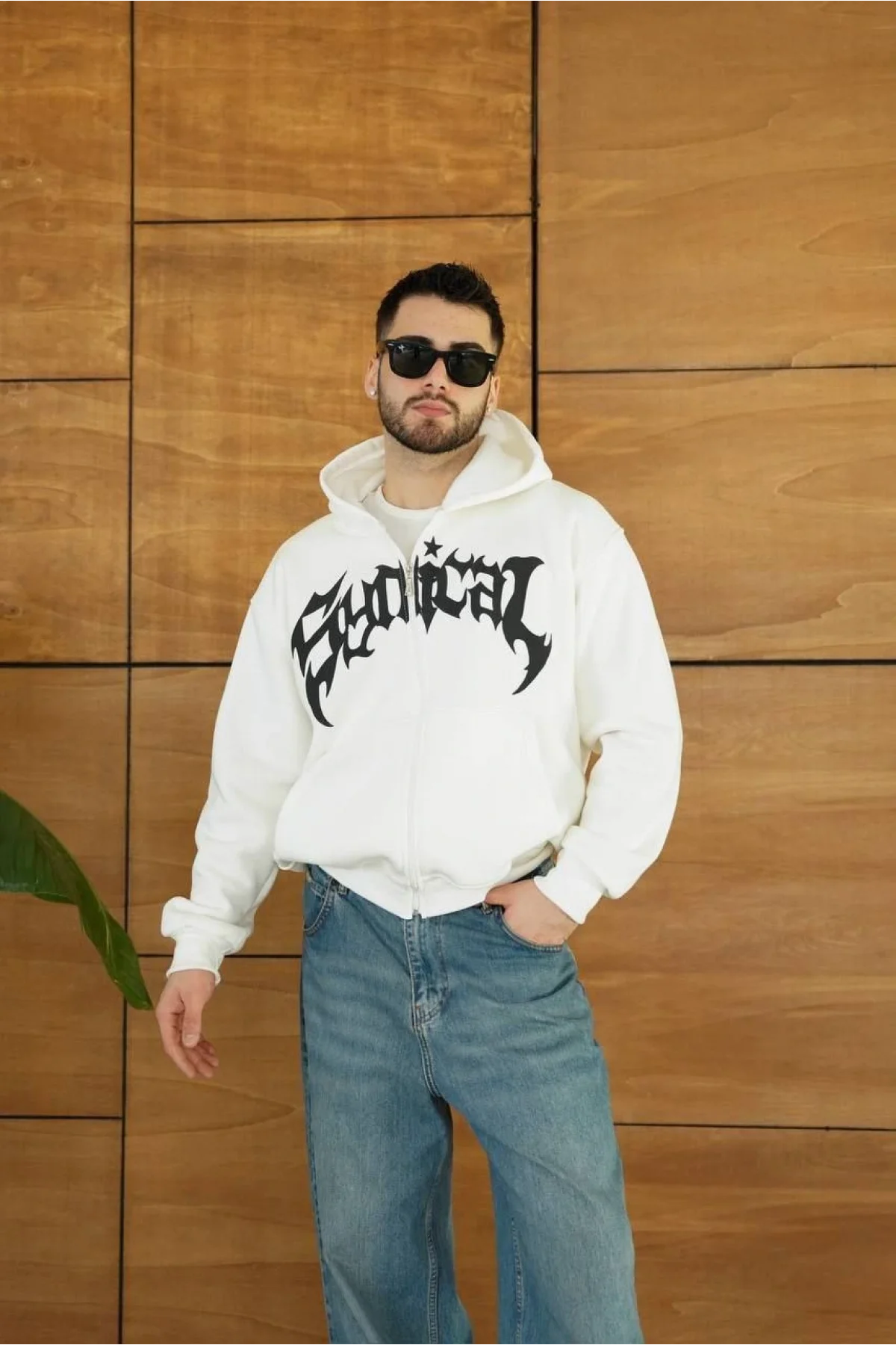 Cantreal Baskılı Fermuarlı Kapüşonlu Beyaz Hoodie