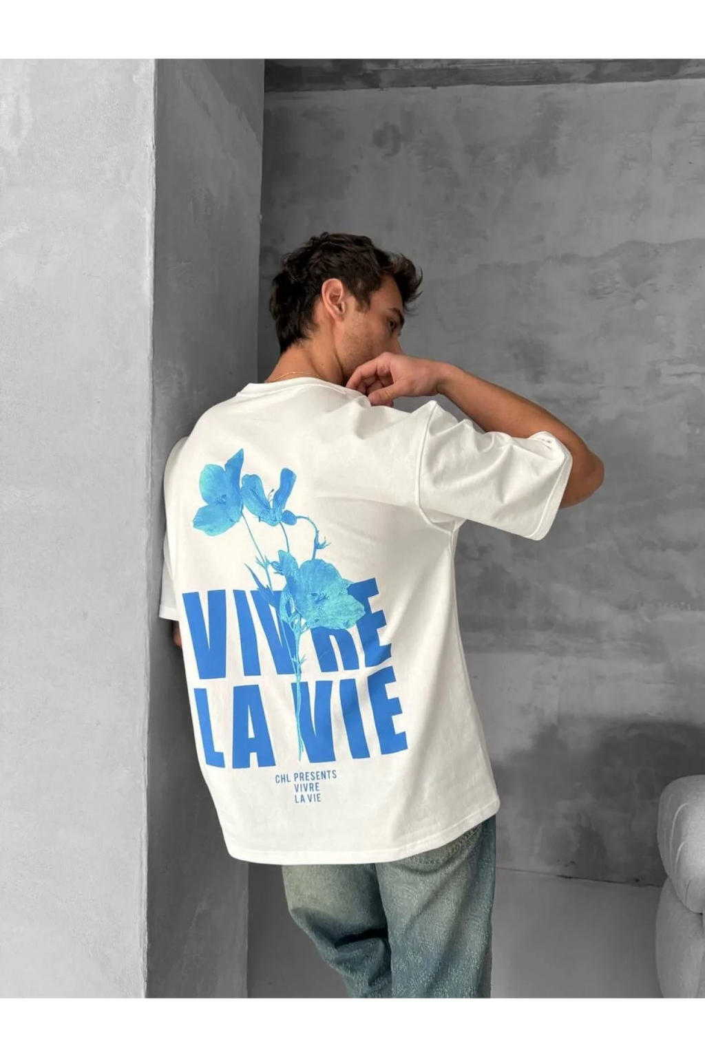 Ön ve Arka Baskılı Oversize Bisiklet Yaka T-shirt- Beyaz