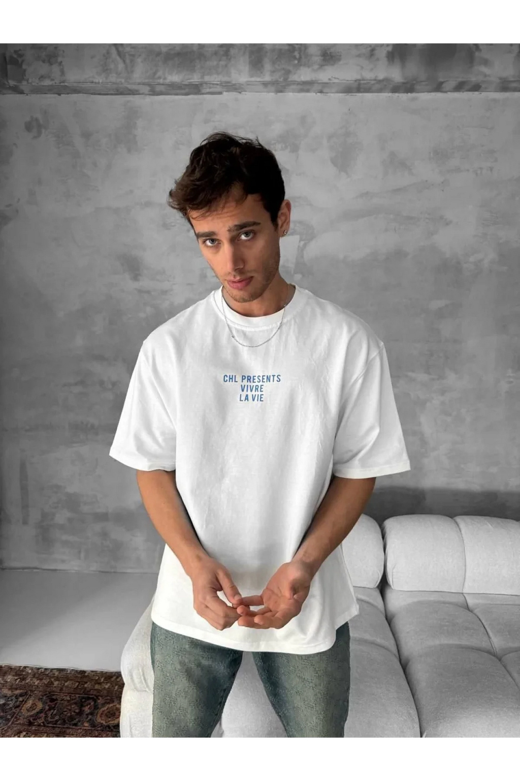 Ön ve Arka Baskılı Oversize Bisiklet Yaka T-shirt- Beyaz