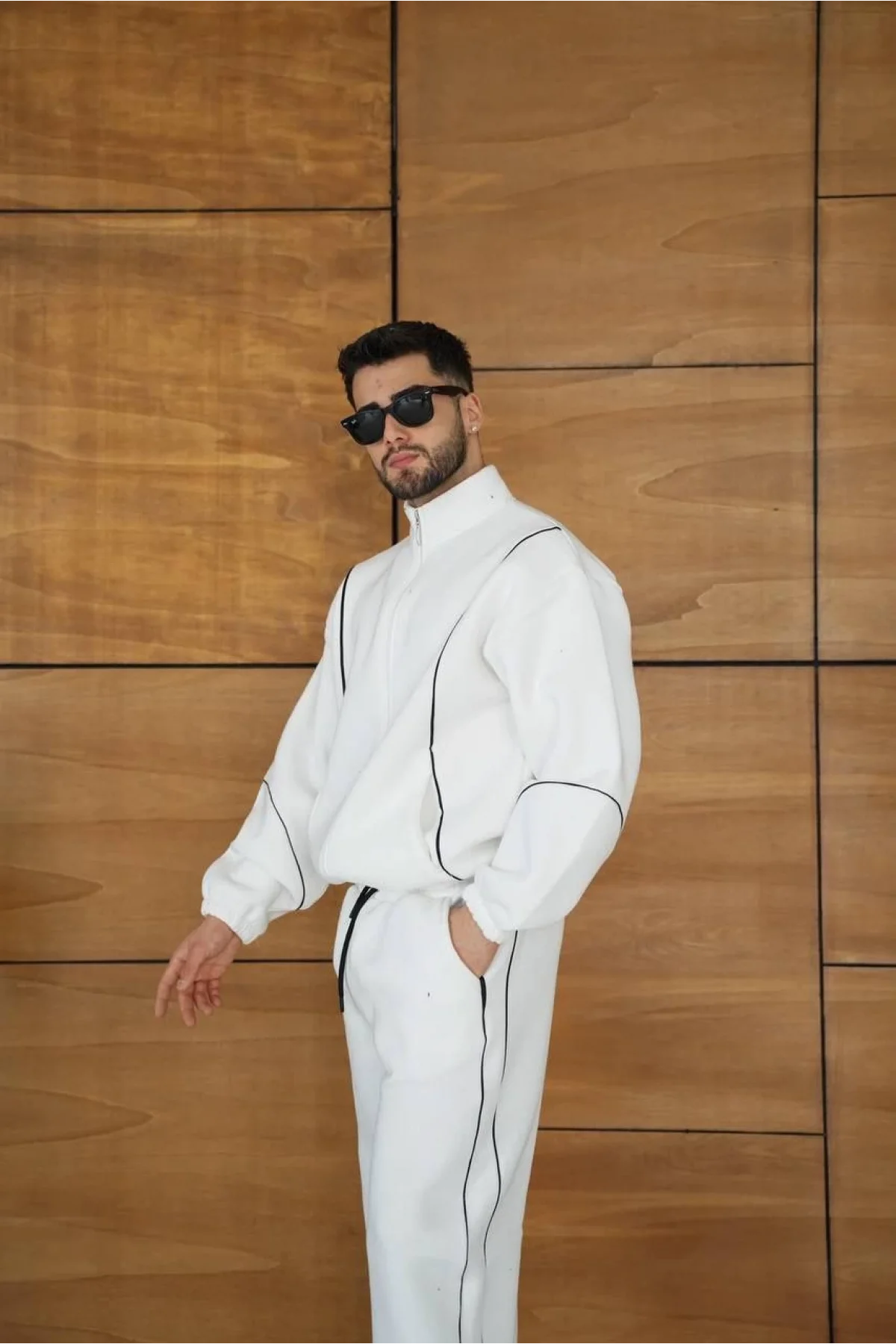 Erkek Beyaz Fermuarlı Eşofman Takımı