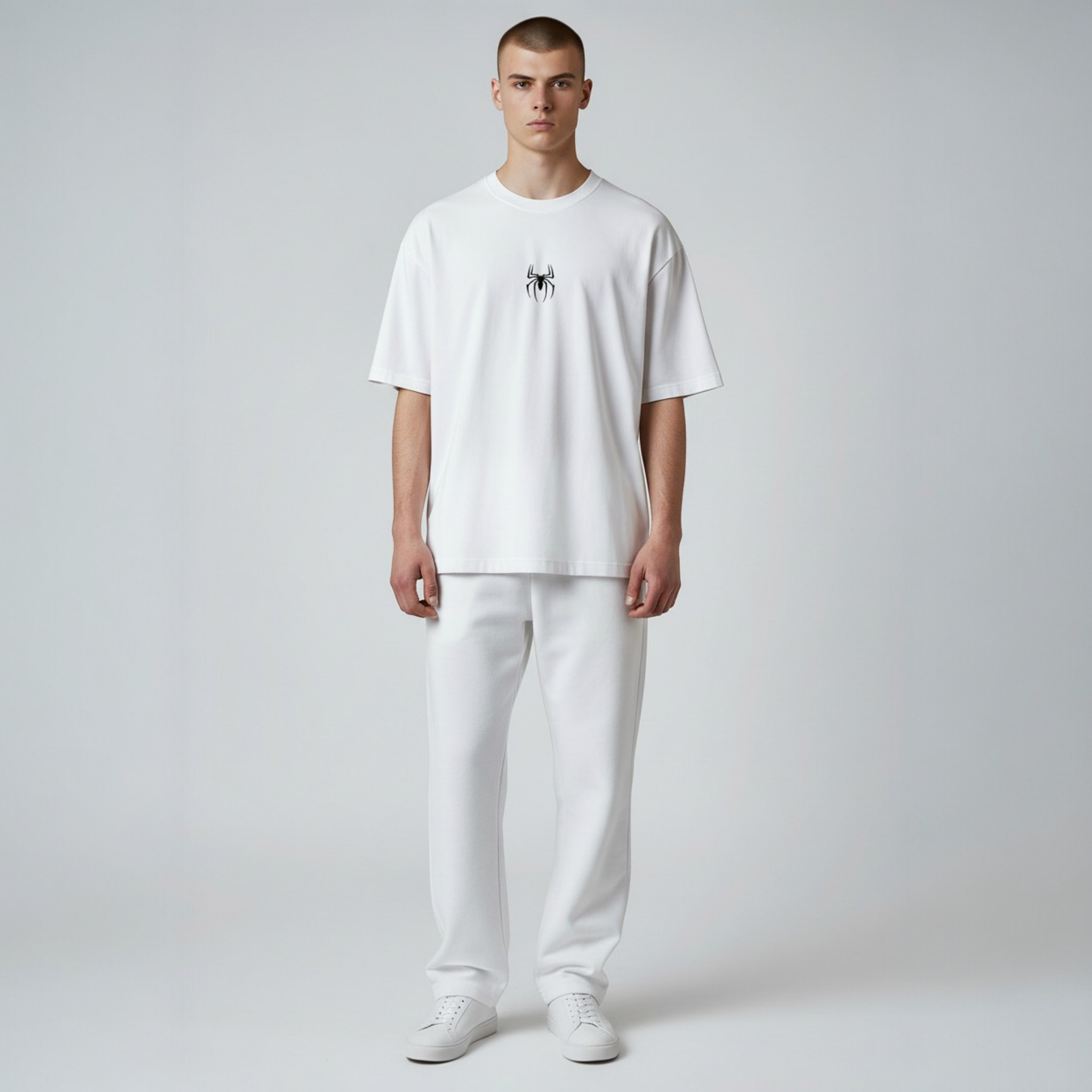 Örümcek Baskılı Beyaz Oversize Tişört