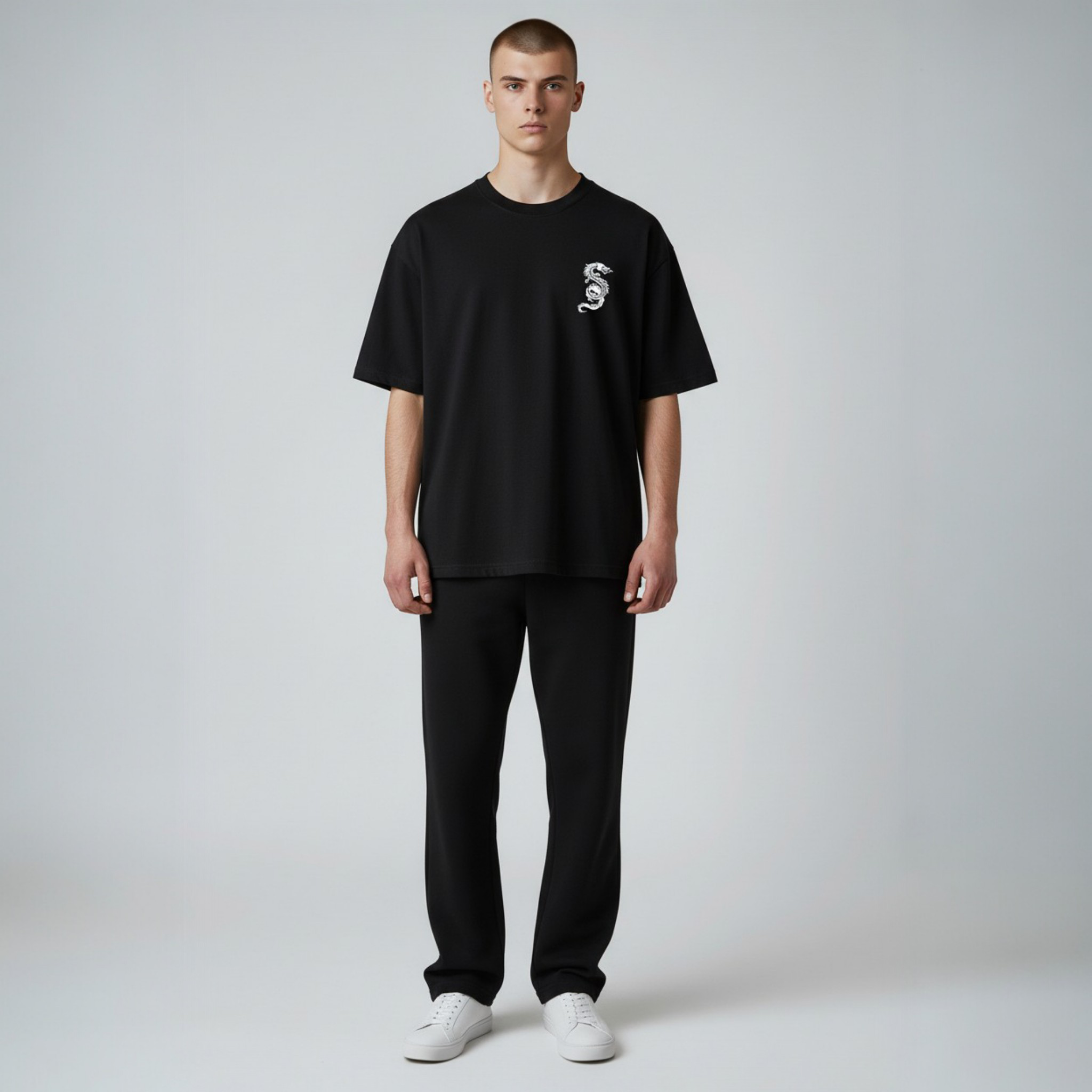 Dragon Baskılı Siyah Oversize Tişört
