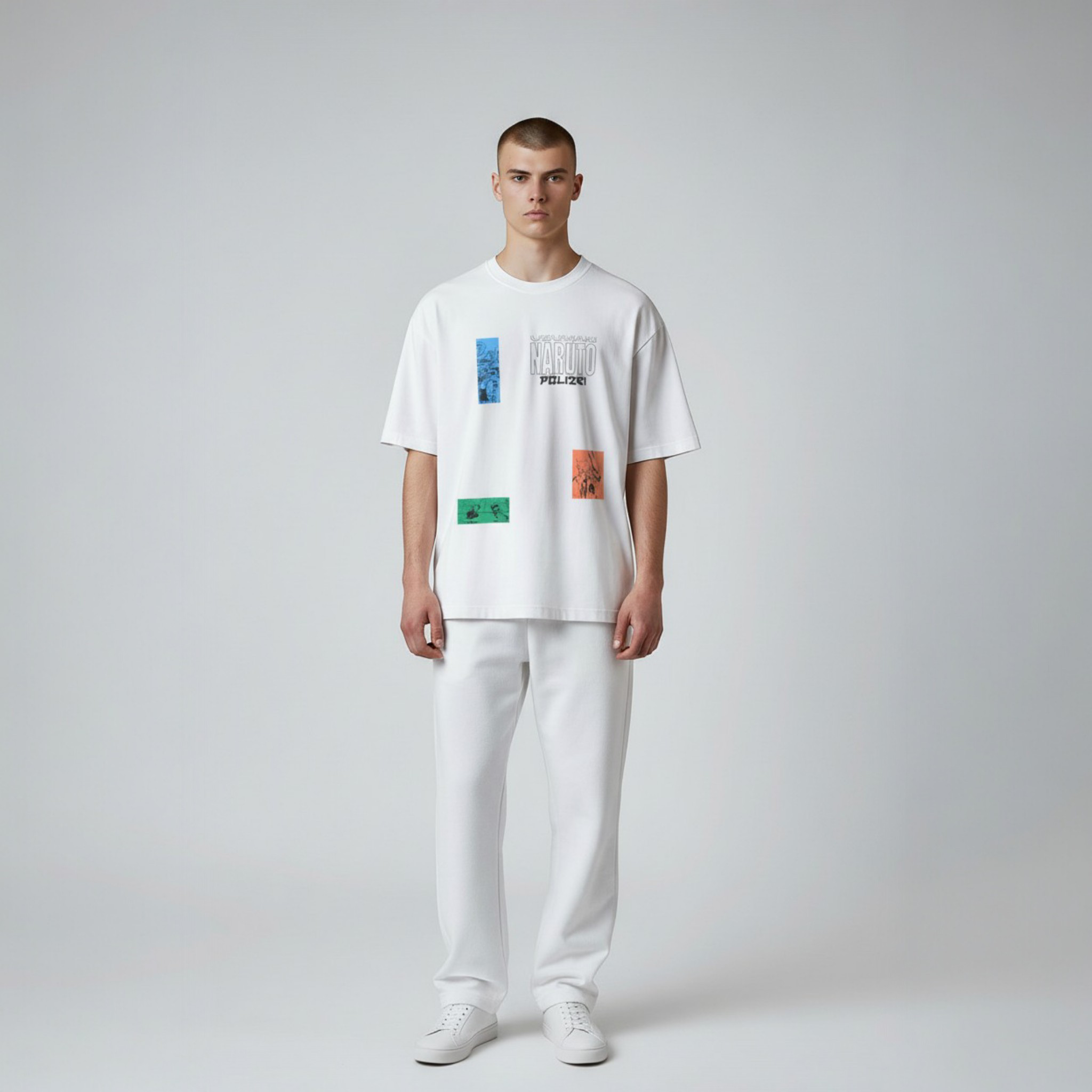 Naruto Baskılı Beyaz Oversize Tişört